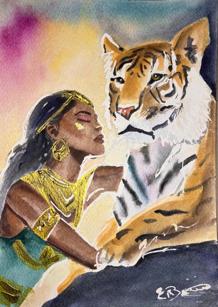 Female warrior and her tiger watercolour painting fantasy pet portrait