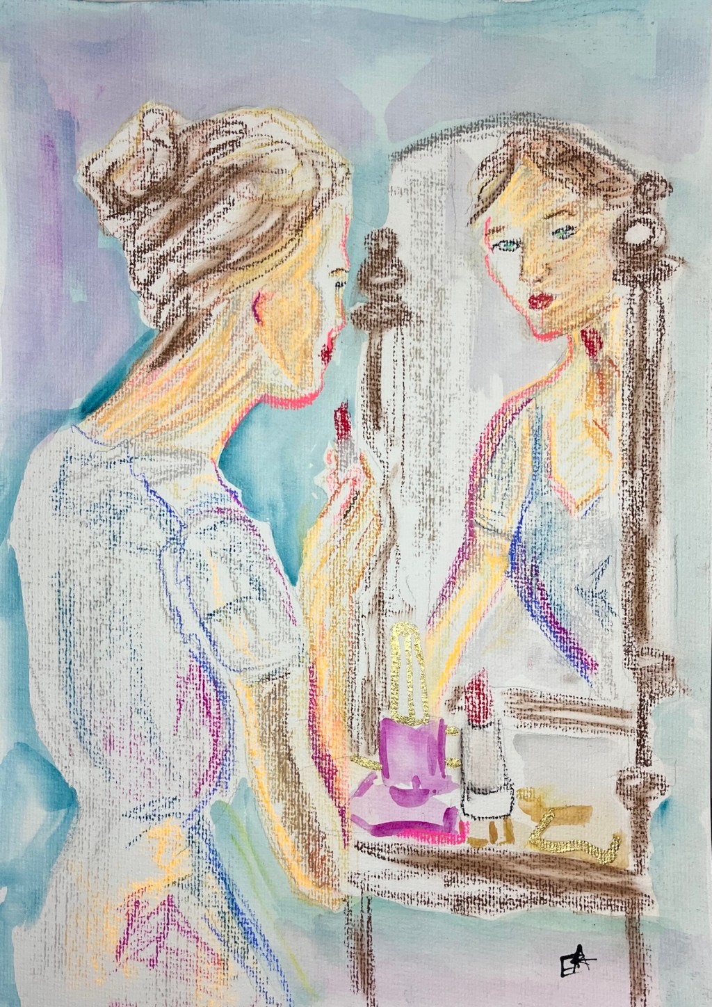 Sketching a woman putting lipstick on in a&nbsp;mirror